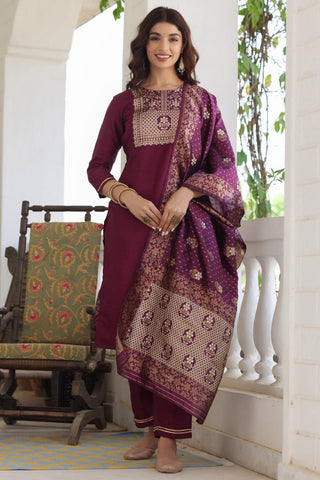 Ahika Burgundy Poly Silk Solid Straight Suit Set - Distacart