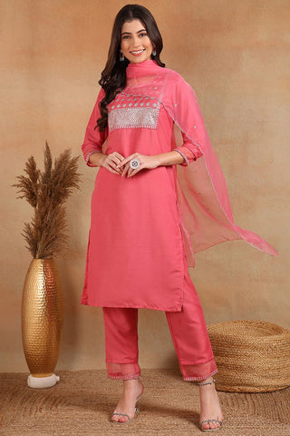 Ahika Pink Poly Silk Solid Sequin Straight Suit Set - Distacart