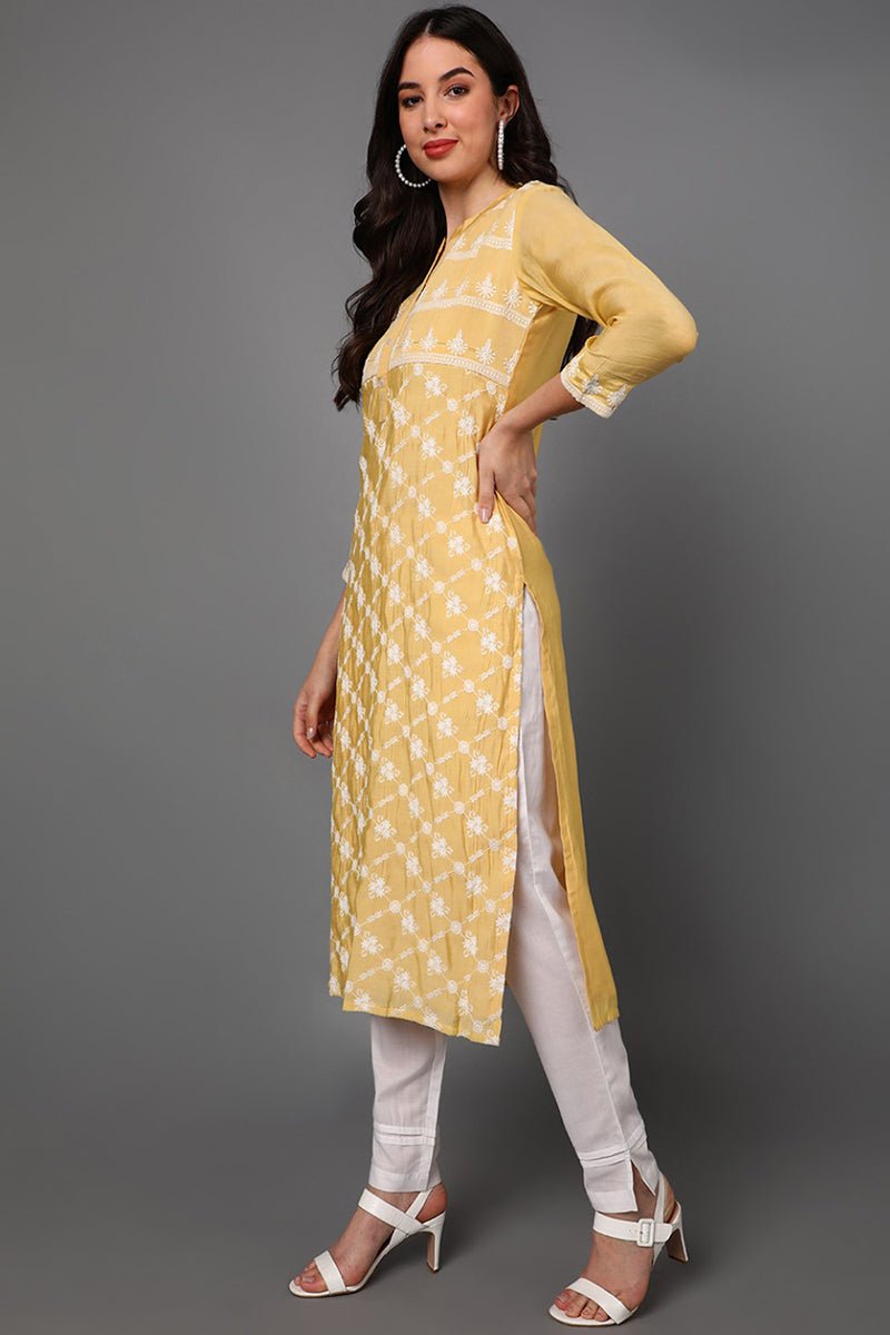 Ahika Yellow Poly Silk Ethnic Motifs Straight Suit Set - Distacart