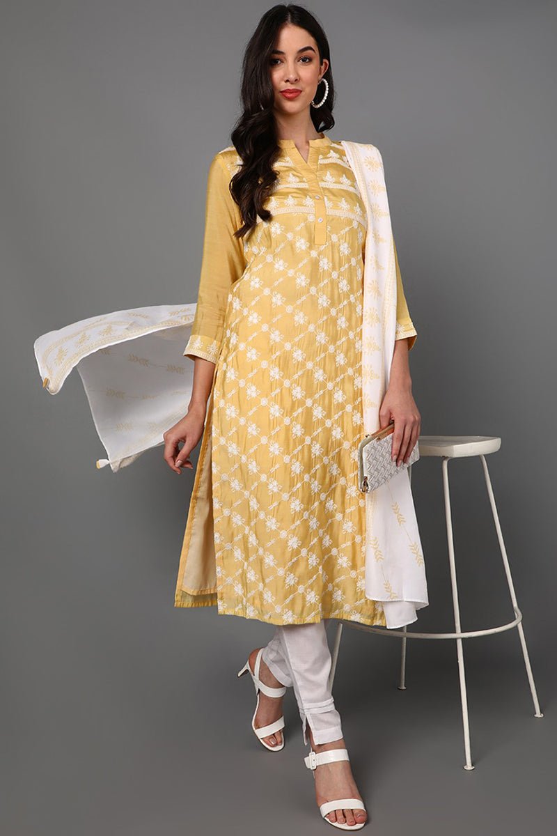 Ahika Yellow Poly Silk Ethnic Motifs Straight Suit Set - Distacart