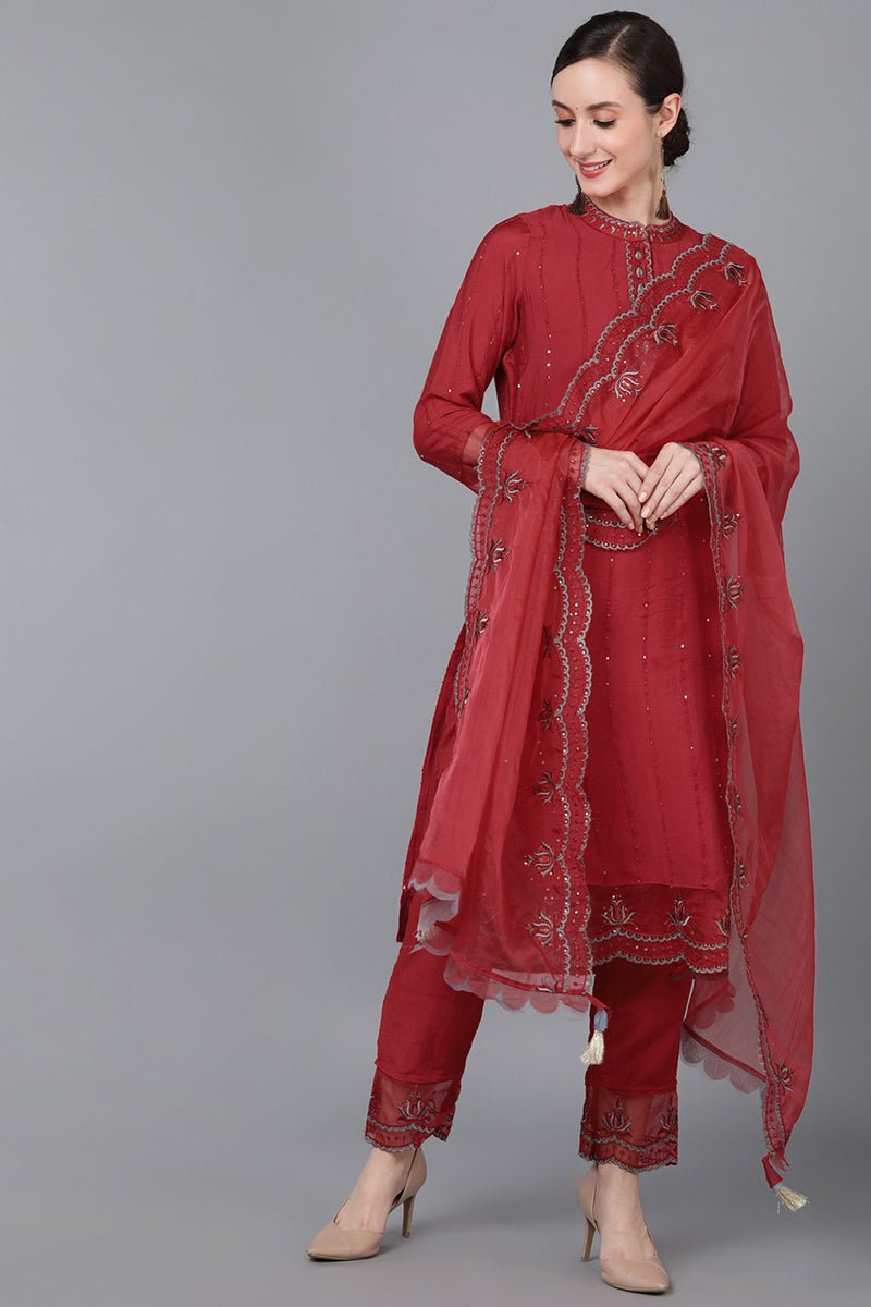 Ahika Red Poly Silk Sequin Embroidery Straight Suit Set