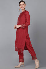 Thumbnail for Ahika Red Poly Silk Sequin Embroidery Straight Suit Set