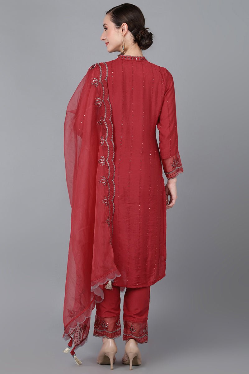 Ahika Red Poly Silk Sequin Embroidery Straight Suit Set