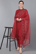 Thumbnail for Ahika Red Poly Silk Sequin Embroidery Straight Suit Set