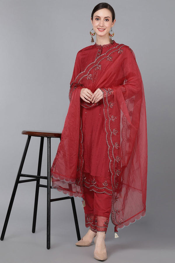 Ahika Red Poly Silk Sequin Embroidery Straight Suit Set
