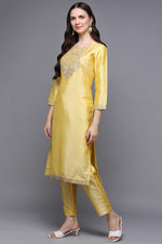 Thumbnail for Ahika Yellow Poly Silk Floral Straight Suit Set - Distacart
