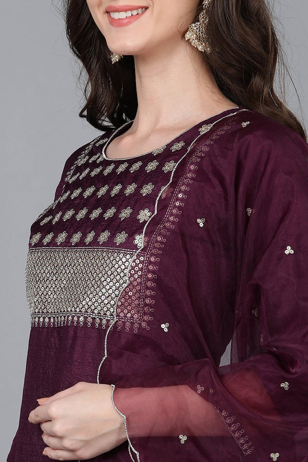 Ahika Purple Poly Silk Solid Straight Suit Set