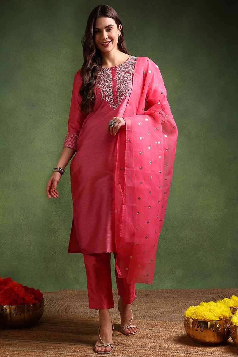 Ahika Pink Poly Silk Solid Yoke Design Kurta Trousers With Dupatta