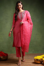 Thumbnail for Ahika Pink Poly Silk Solid Yoke Design Kurta Trousers With Dupatta