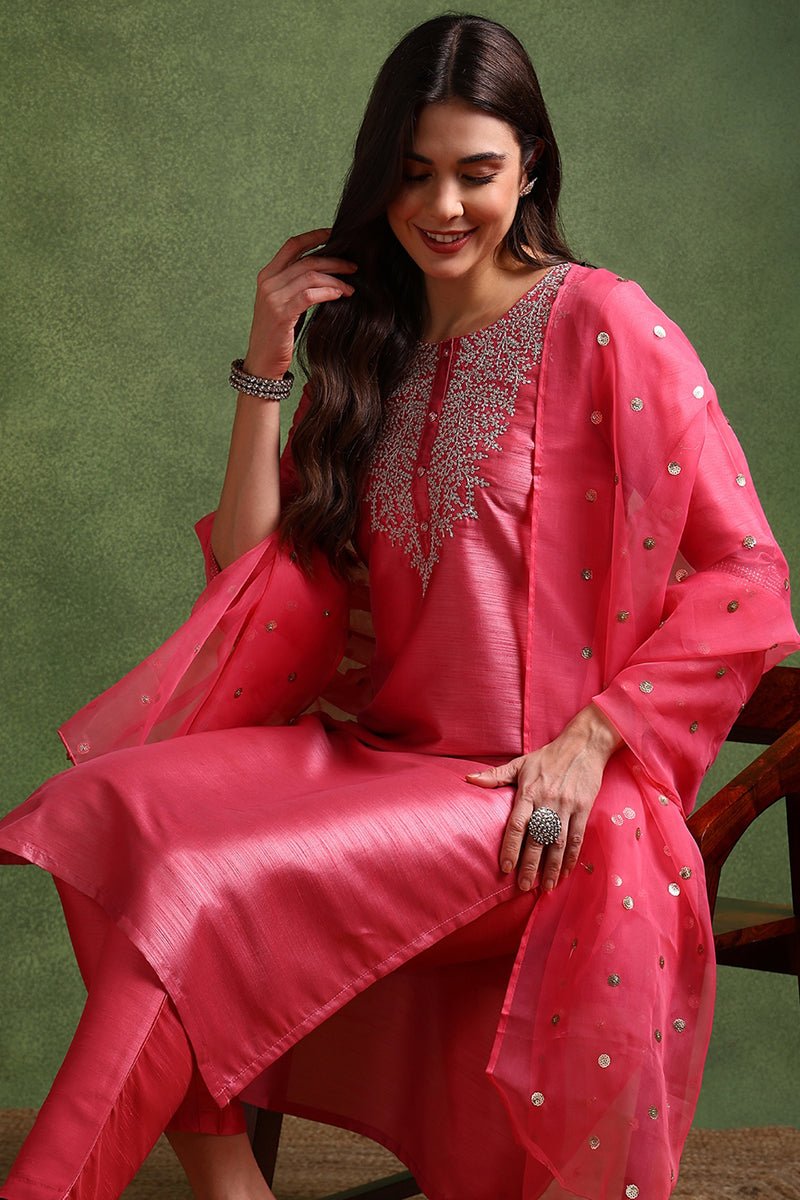 Ahika Pink Poly Silk Solid Yoke Design Kurta Trousers With Dupatta