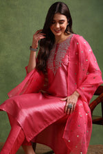 Thumbnail for Ahika Pink Poly Silk Solid Yoke Design Kurta Trousers With Dupatta