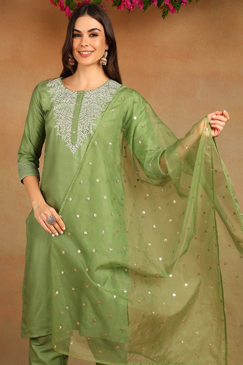 Ahika Green Poly Silk Solid Yoke Design Kurta Trousers With Dupatta