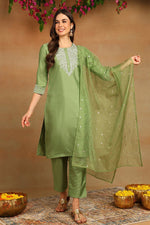 Thumbnail for Ahika Green Poly Silk Solid Yoke Design Kurta Trousers With Dupatta