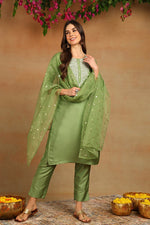 Thumbnail for Ahika Green Poly Silk Solid Yoke Design Kurta Trousers With Dupatta