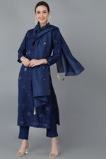 Thumbnail for Ahika Navy Blue Silk Blend Solid Kurta Trousers With Dupatta