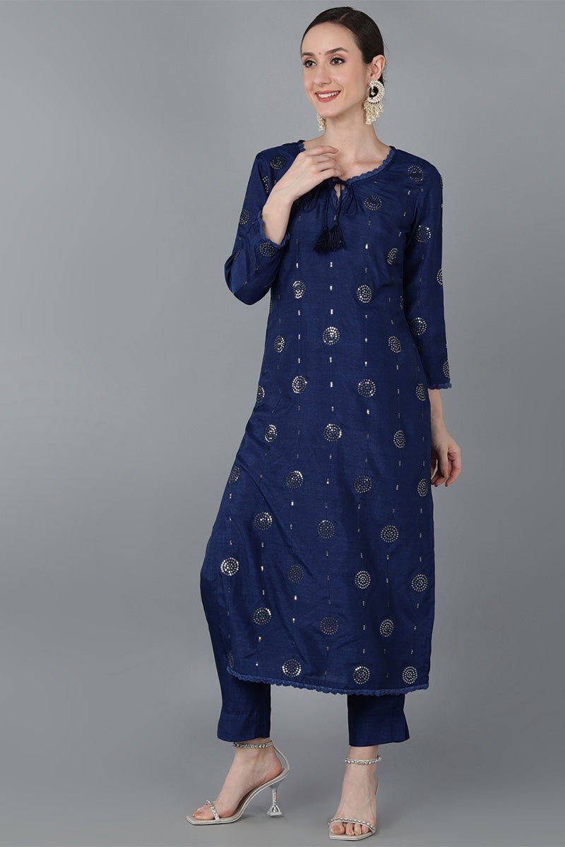 Ahika Navy Blue Silk Blend Solid Kurta Trousers With Dupatta