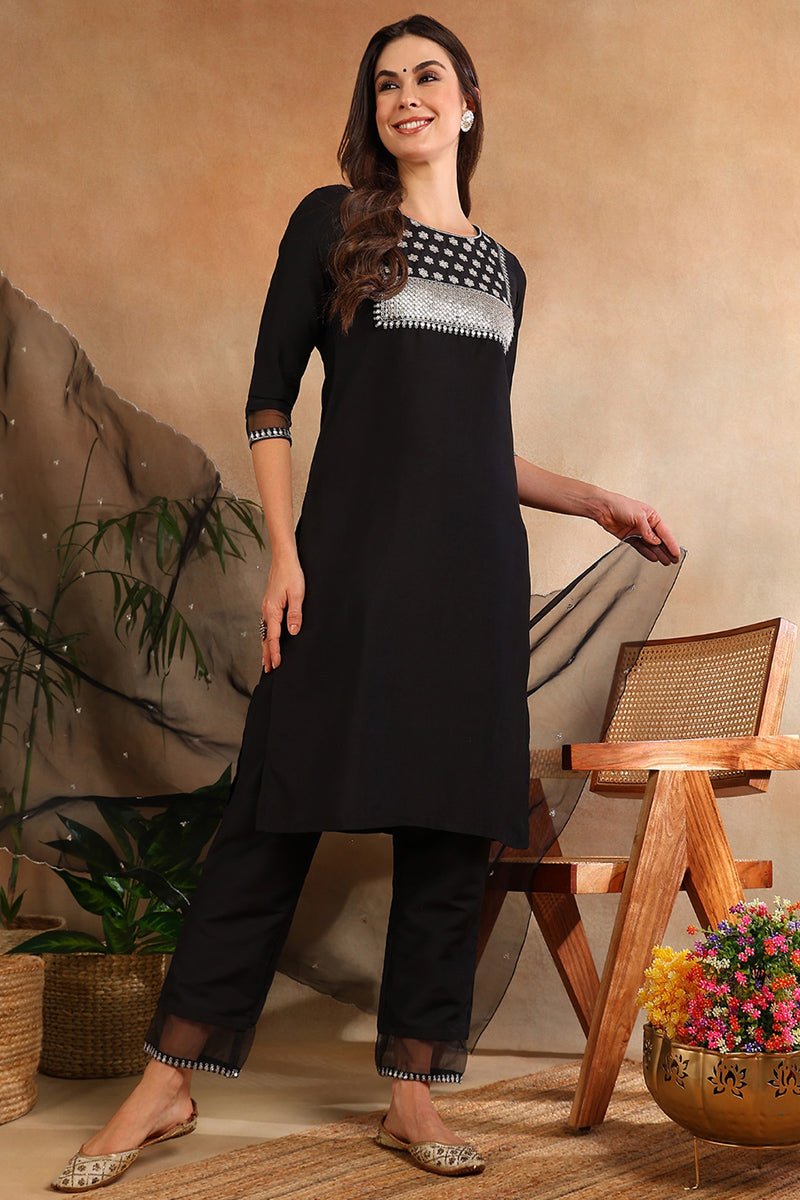 Ahika Black Poly Silk Straight Suit Set