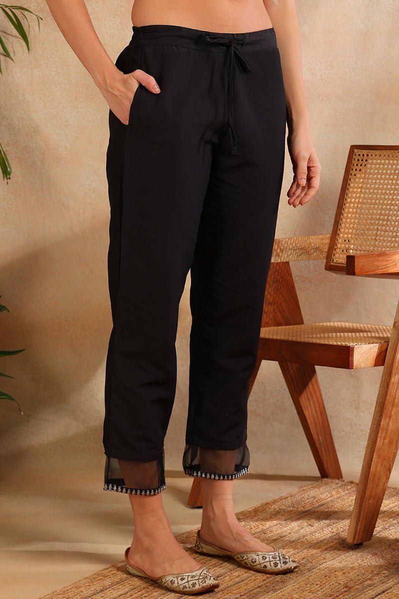 Ahika Black Poly Silk Straight Suit Set