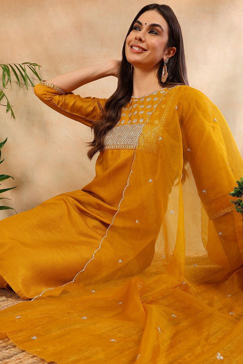 Ahika Mustard Poly Silk Straight Suit Set