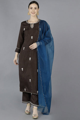 Ahika Grey Silk Blend Embroidered Kurta - Distacart