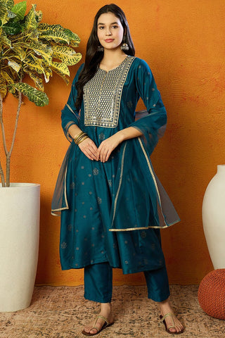 Ahika Teal Silk Blend Woven Design Anarkali Suit Set - Distacart
