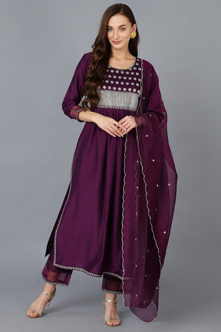 Ahika Purple Silk Blend Solid Straight Kurta Trousers With Dupatta - Distacart
