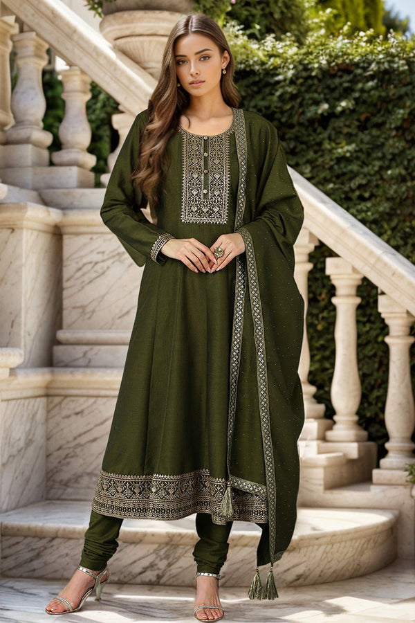 Ahika Olive Silk Blend Solid A-Line Kurta Trousers With Dupatta