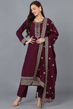 Thumbnail for Ahika Burgundy Silk Blend Solid Straight Kurta Trousers With Dupatta