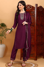 Thumbnail for Ahika Silk Blend Burgundy Embroidered Straight Kurta Pant With Dupatta