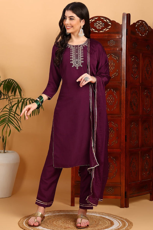 Ahika Silk Blend Burgundy Embroidered Straight Kurta Pant With Dupatta