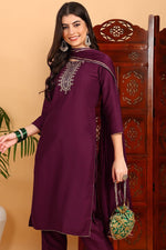 Thumbnail for Ahika Silk Blend Burgundy Embroidered Straight Kurta Pant With Dupatta