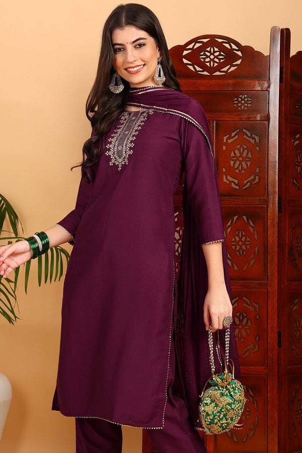 Ahika Silk Blend Burgundy Embroidered Straight Kurta Pant With Dupatta
