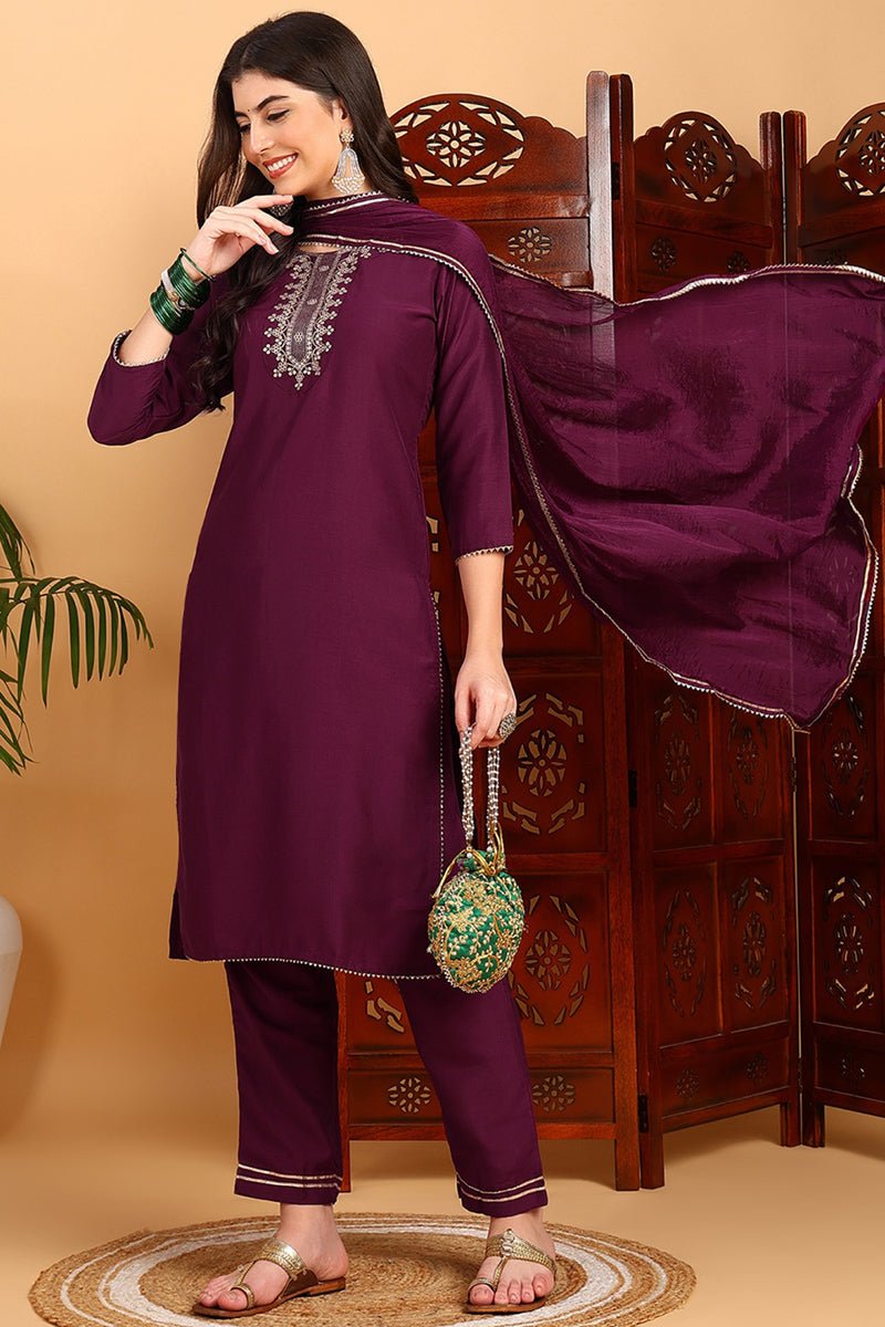Ahika Silk Blend Burgundy Embroidered Straight Kurta Pant With Dupatta