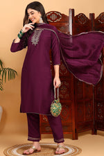 Thumbnail for Ahika Silk Blend Burgundy Embroidered Straight Kurta Pant With Dupatta