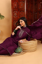 Thumbnail for Ahika Silk Blend Burgundy Embroidered Straight Kurta Pant With Dupatta