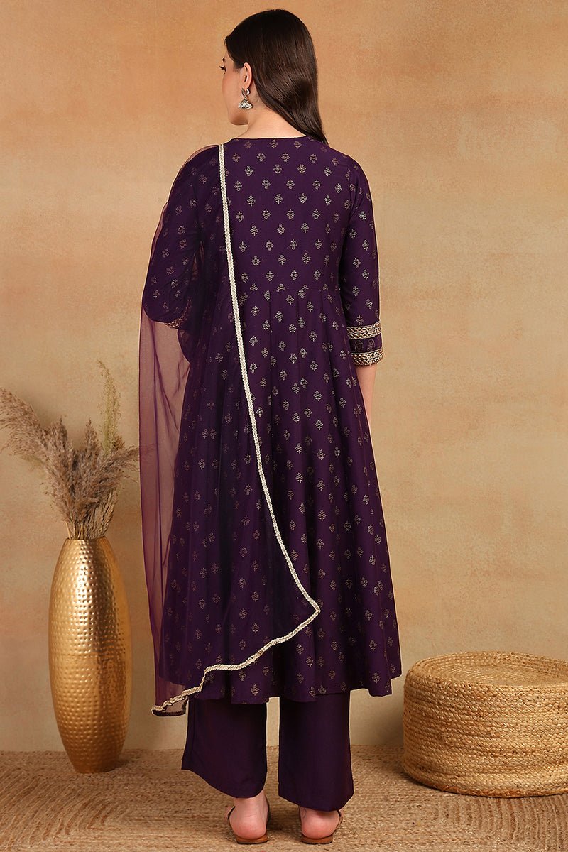 Ahika Purple Silk Blend Anarkali Kurta Pant With Dupatta