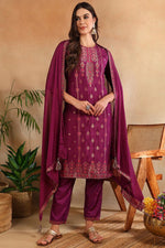 Thumbnail for Ahika Poly Silk Maroon Embroidered Straight Suit Set