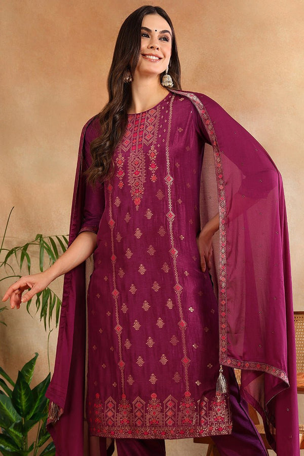 Ahika Poly Silk Maroon Embroidered Straight Suit Set