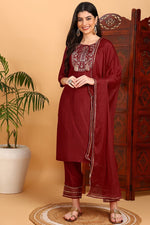 Thumbnail for Ahika Red Silk Blend Embroidered Kurta Pant With Dupatta