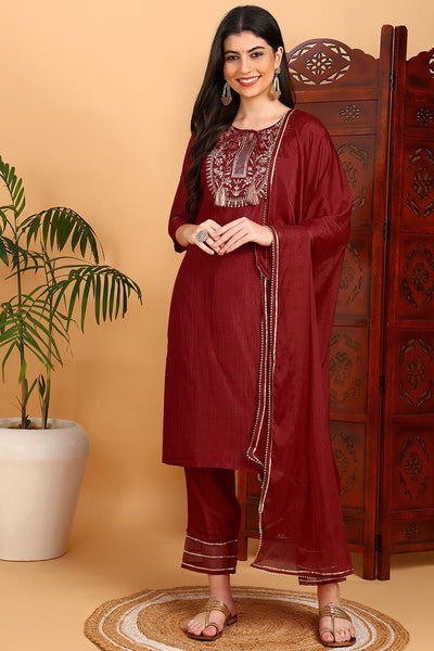 Ahika Red Silk Blend Embroidered Kurta Pant With Dupatta