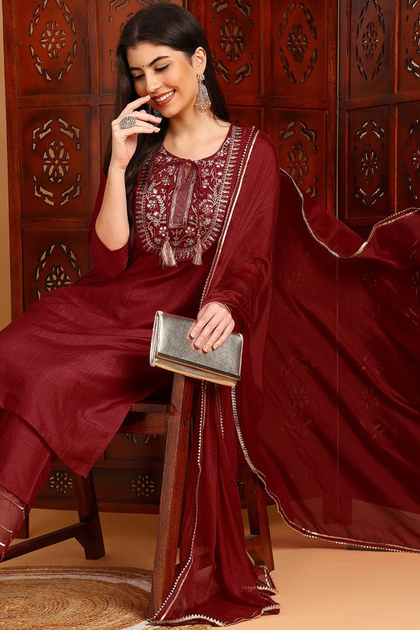 Ahika Red Silk Blend Embroidered Kurta Pant With Dupatta