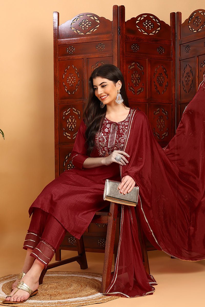 Ahika Red Silk Blend Embroidered Kurta Pant With Dupatta