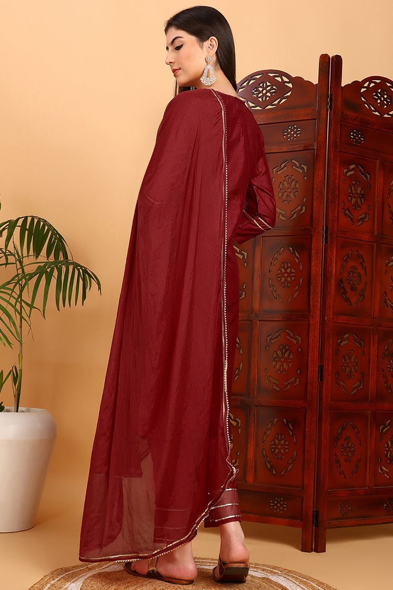 Ahika Red Silk Blend Embroidered Kurta Pant With Dupatta