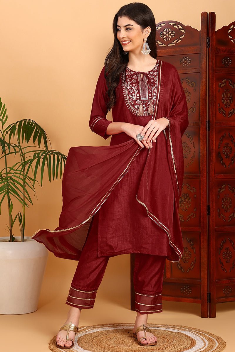Ahika Red Silk Blend Embroidered Kurta Pant With Dupatta