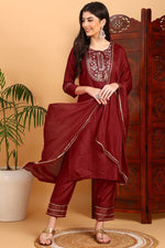 Thumbnail for Ahika Red Silk Blend Embroidered Kurta Pant With Dupatta