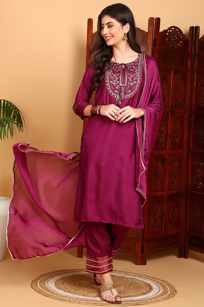 Ahika Silk Blend Purple Embroidered Straight Kurta Pant With Dupatta