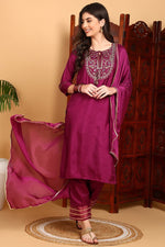 Thumbnail for Ahika Silk Blend Purple Embroidered Straight Kurta Pant With Dupatta