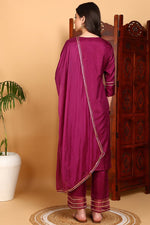 Thumbnail for Ahika Silk Blend Purple Embroidered Straight Kurta Pant With Dupatta
