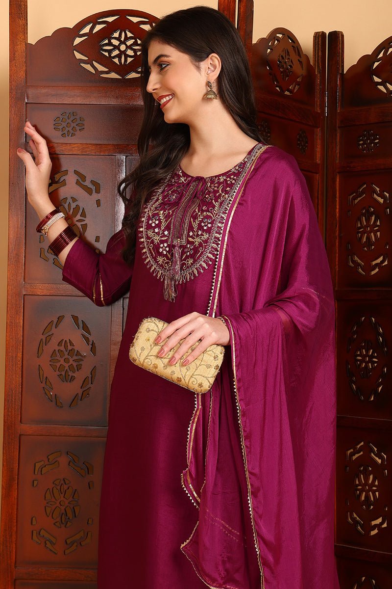 Ahika Silk Blend Purple Embroidered Straight Kurta Pant With Dupatta