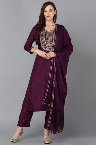 Ahika Silk Blend Purple Embroidered Straight Kurta Pant With Dupatta - Distacart